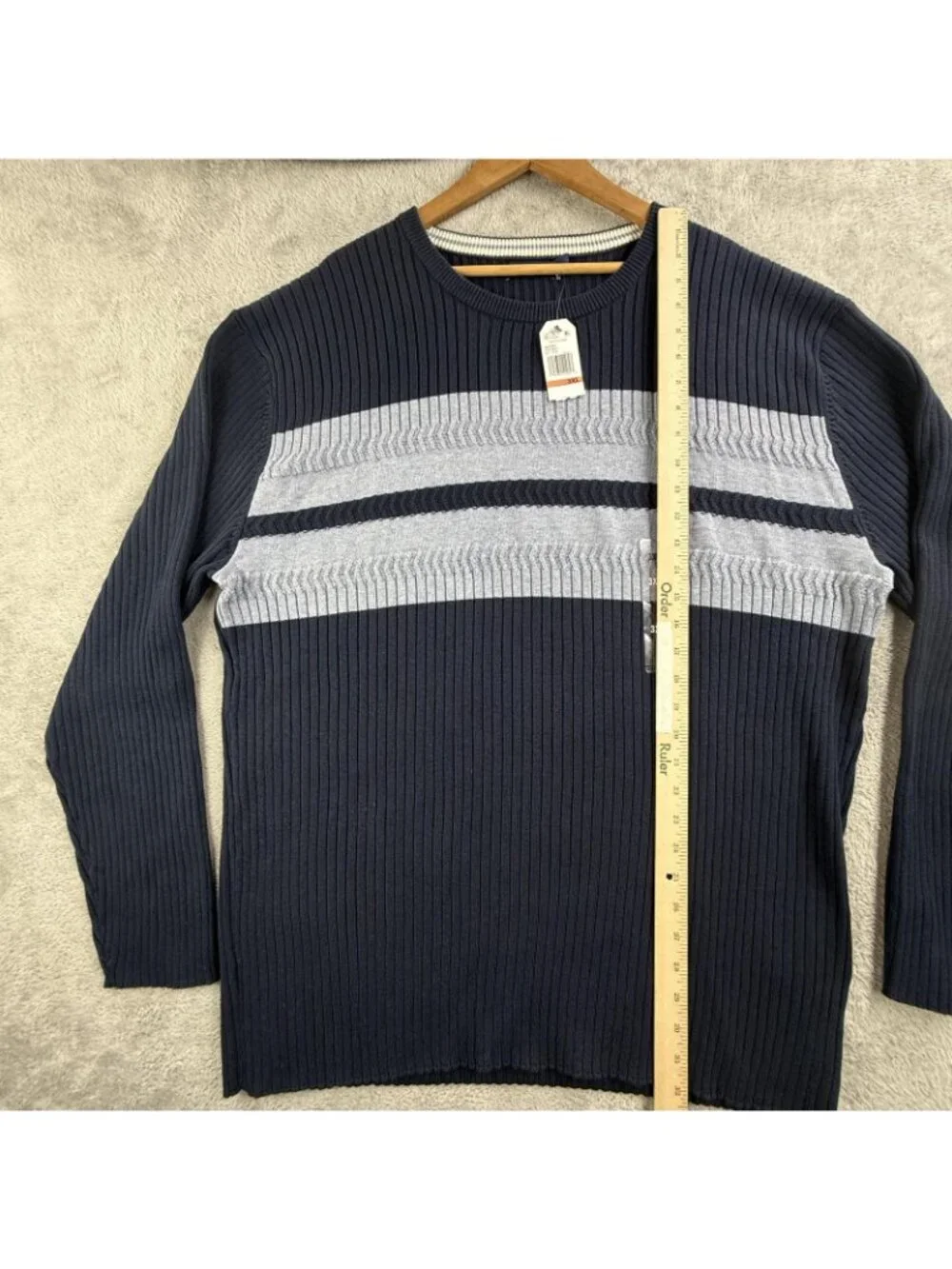 Nautica Sweater Mens 3XL Navy Gray Striped Crewneck Cotton Knit Ribbed Pullover